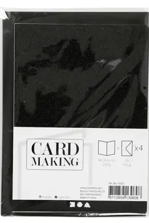 Card making – set 4 kaarten met enveloppe – A6 zwart glitter Gratis Retour