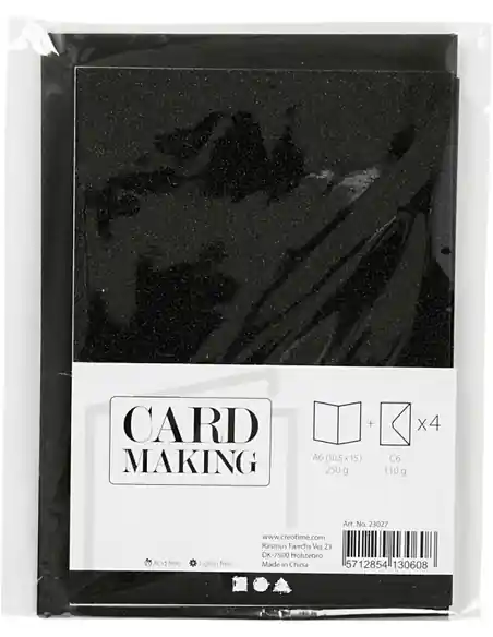 Card making – set 4 kaarten met enveloppe – A6 zwart glitter Gratis Retour