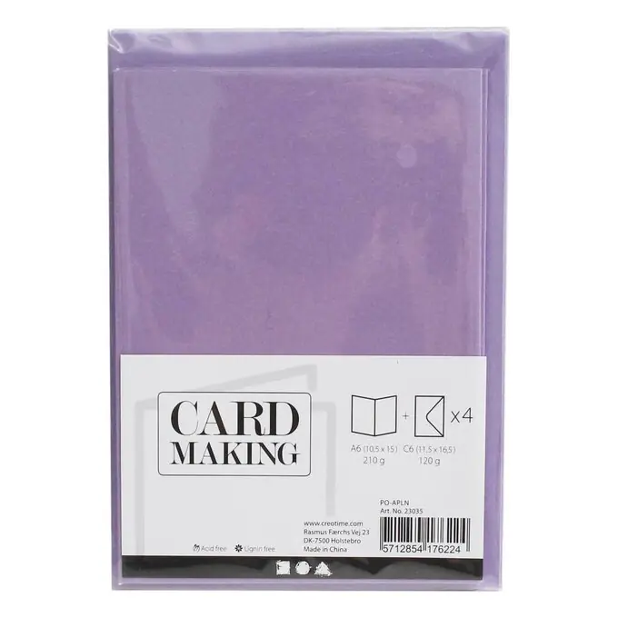 Card making – set 4 kaarten met enveloppe – parelmoer lichtpaars Gratis Retour