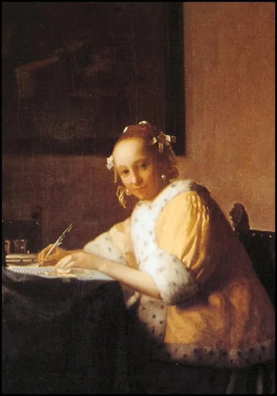Populair Ansichtkaart PC1061 – Schrijvend meisje in het geel, ca. 1665, Johannes Vermeer
