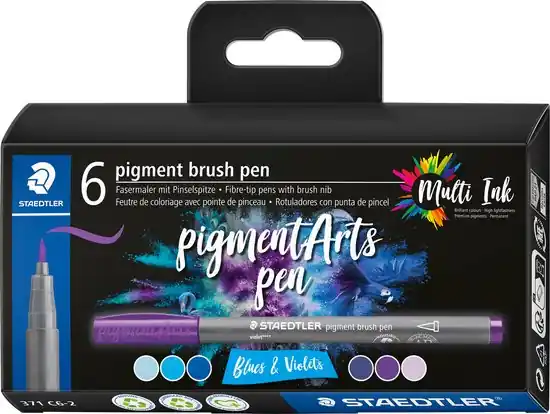 Staedtler pigment brushpen – set 6 blues & violets Beperkte Voorraad