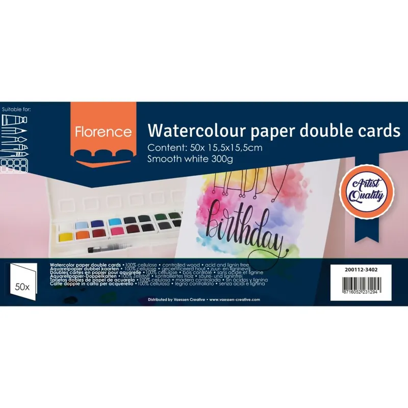 Flitsaanbieding Vaessen Creative Florence watercolor paper double cards – 15.5×15.5cm smooth white 300gr